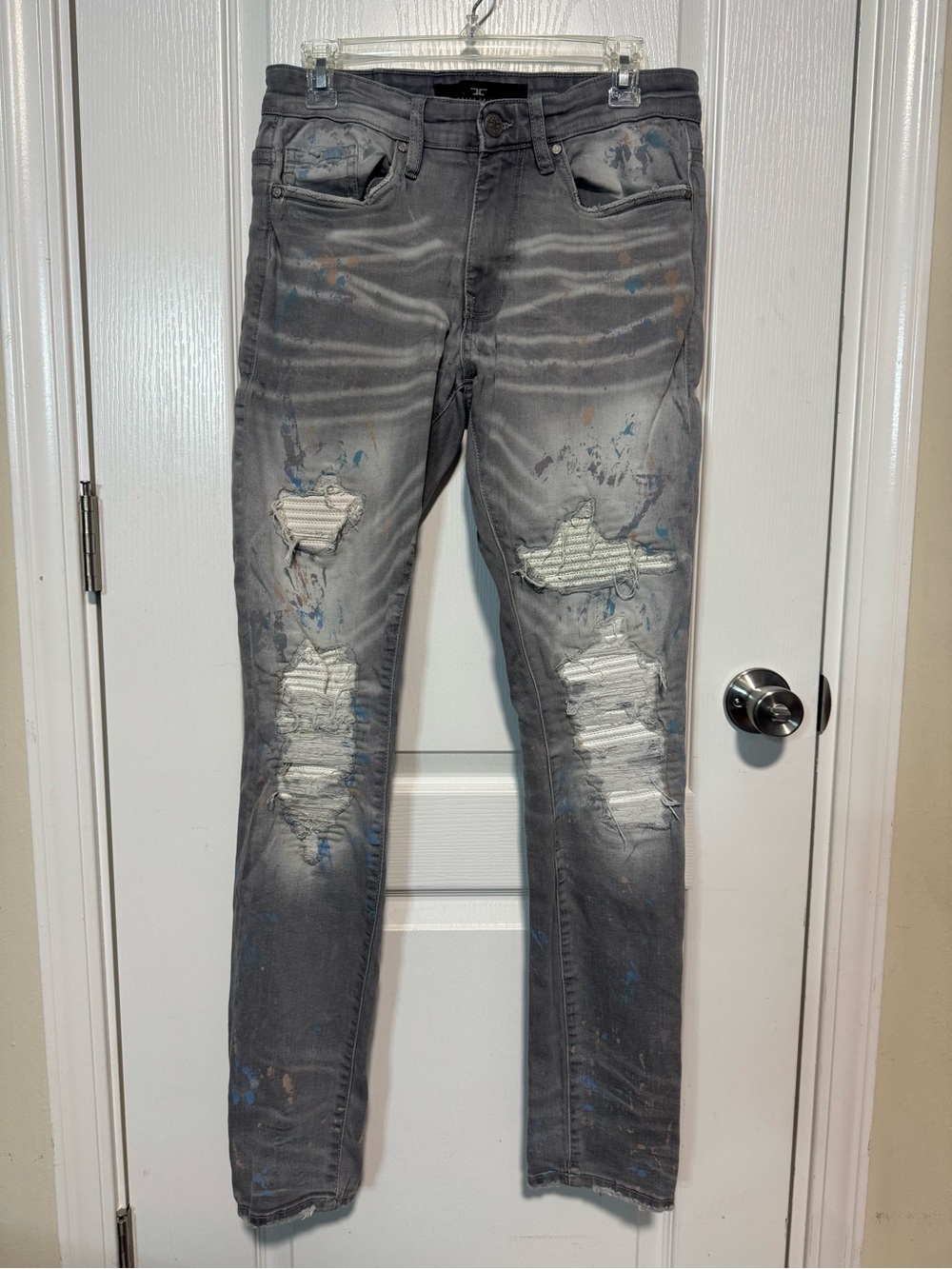 Jordan Craig Men's Gray Skinny Distressed Paint-Splatter Jeans